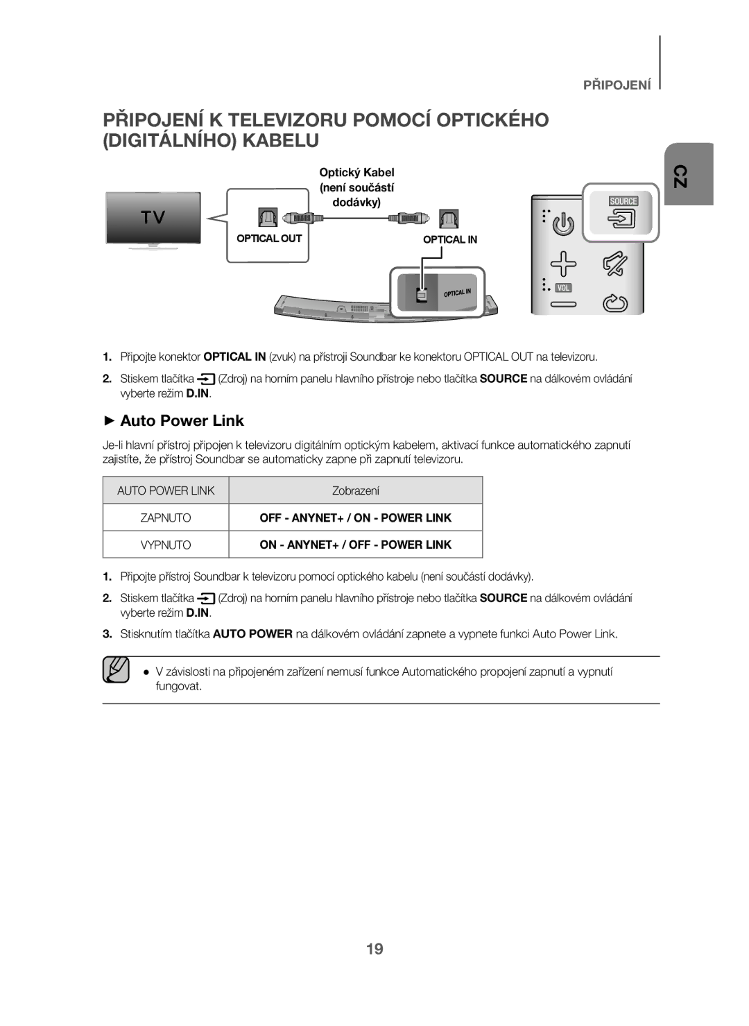 Samsung HW-J6001/XN, HW-J6001/TK, HW-J6000/EN manual Připojení K Televizoru Pomocí Optického Digitálního Kabelu, Zobrazení 