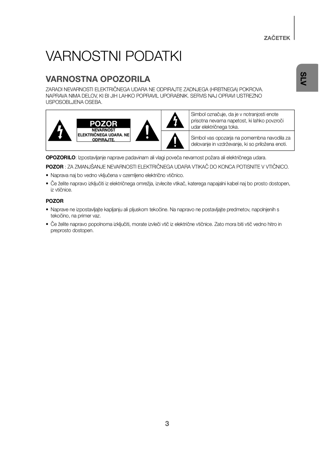 Samsung HW-J6001/ZF, HW-J6001/TK, HW-J6000/EN, HW-J6001/EN Varnostni Podatki, Varnostna Opozorila, Udar električnega toka 