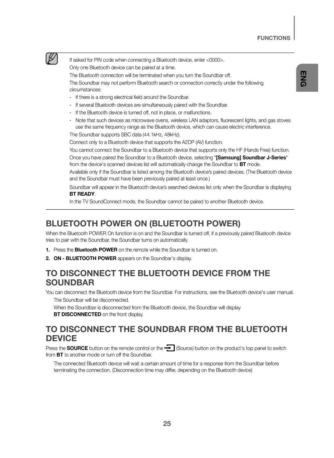 Samsung HW-J6000/EN, HW-J6001/TK Bluetooth Power on Bluetooth Power, To Disconnect the Bluetooth Device from the Soundbar 