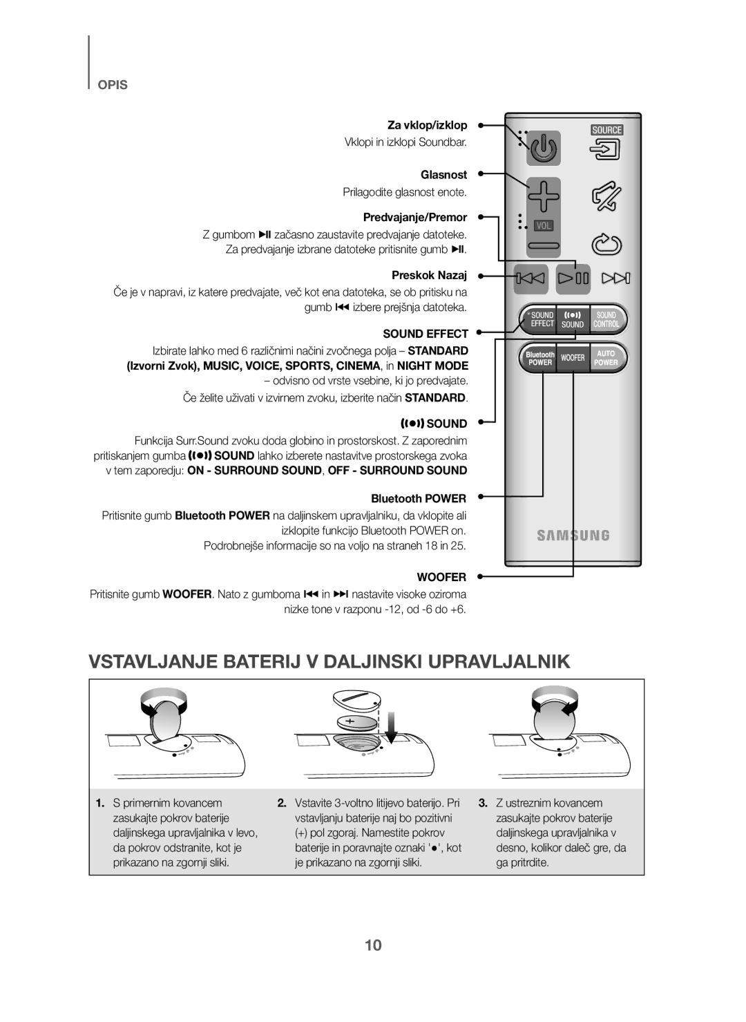 Samsung HW-J6001/EN manual Vstavljanje Baterij V Daljinski Upravljalnik, Za vklop/izklop, Glasnost, Predvajanje/Premor 