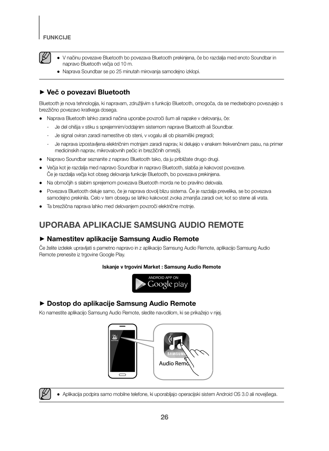 Samsung HW-J6001/EN, HW-J6001/TK, HW-J6000/EN manual Uporaba Aplikacije Samsung Audio Remote, + Več o povezavi Bluetooth 