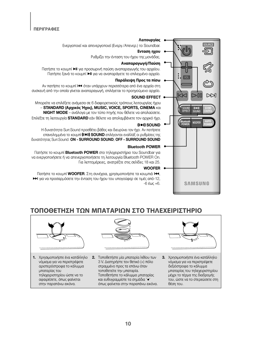 Samsung HW-J6001/TK, HW-J6000/EN, HW-J6001/EN, HW-J6001/ZF, HW-J6000/ZF manual Τοποθετηση ΤΩΝ Μπαταριων ΣΤΟ Τηλεχειριστηριο 