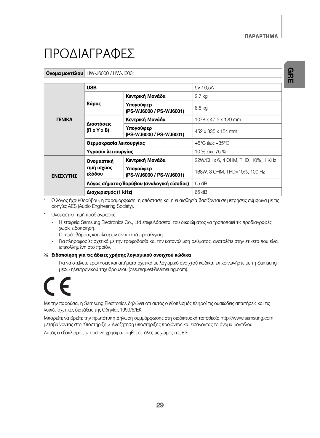 Samsung HW-J6001/ZF, HW-J6001/TK, HW-J6000/EN manual Προδιαγραφεσ, Βάρος Κεντρική Μονάδα Υπογούφερ, Διαχωρισμός 1 kHz 65 dB 