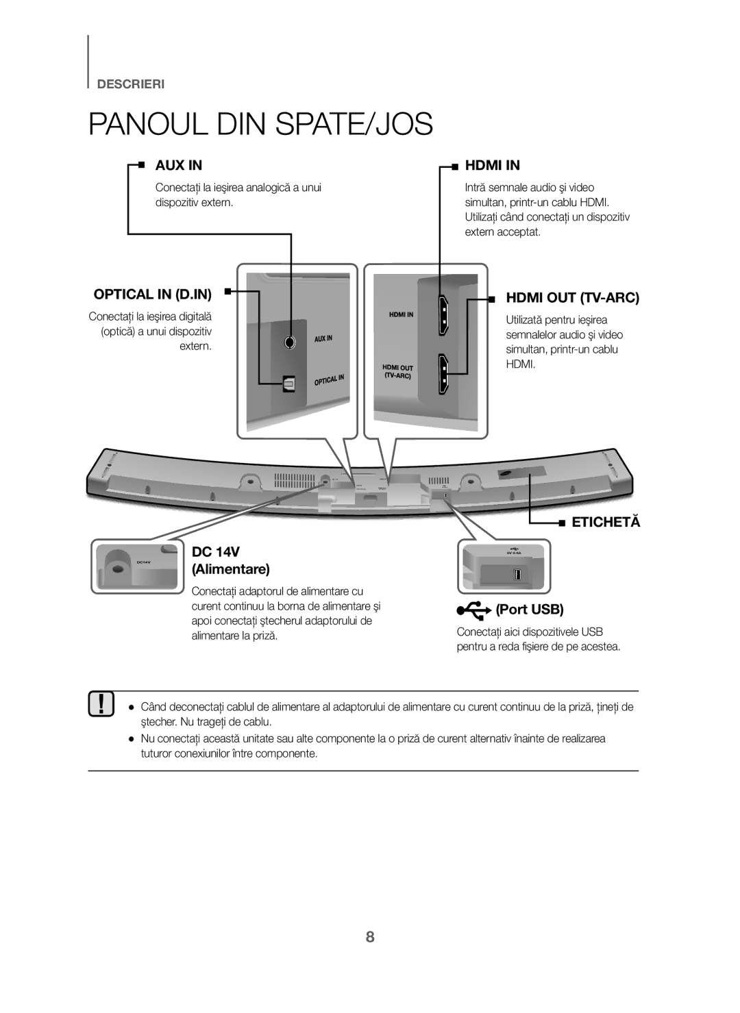 Samsung HW-J6000/ZF, HW-J6001/TK, HW-J6000/EN manual Alimentare, Conectaţi la ieşirea analogică a unui dispozitiv extern 