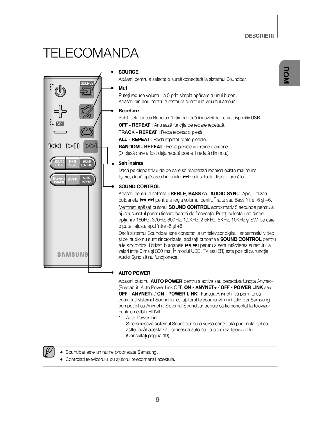 Samsung HW-J6001/XN, HW-J6001/TK, HW-J6000/EN, HW-J6001/EN, HW-J6001/ZF, HW-J6000/ZF Telecomanda, Mut, Repetare, Salt Înainte 