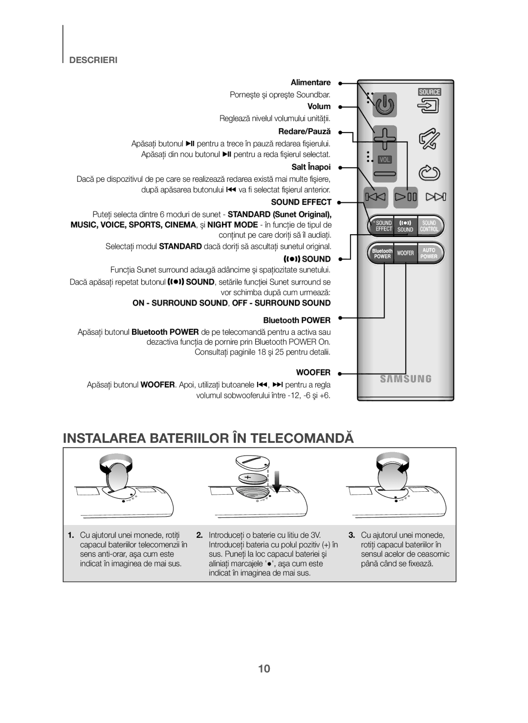 Samsung HW-J6011/XE, HW-J6001/TK manual Instalarea Bateriilor ÎN Telecomandă, Alimentare, Volum, Redare/Pauză, Salt Înapoi 