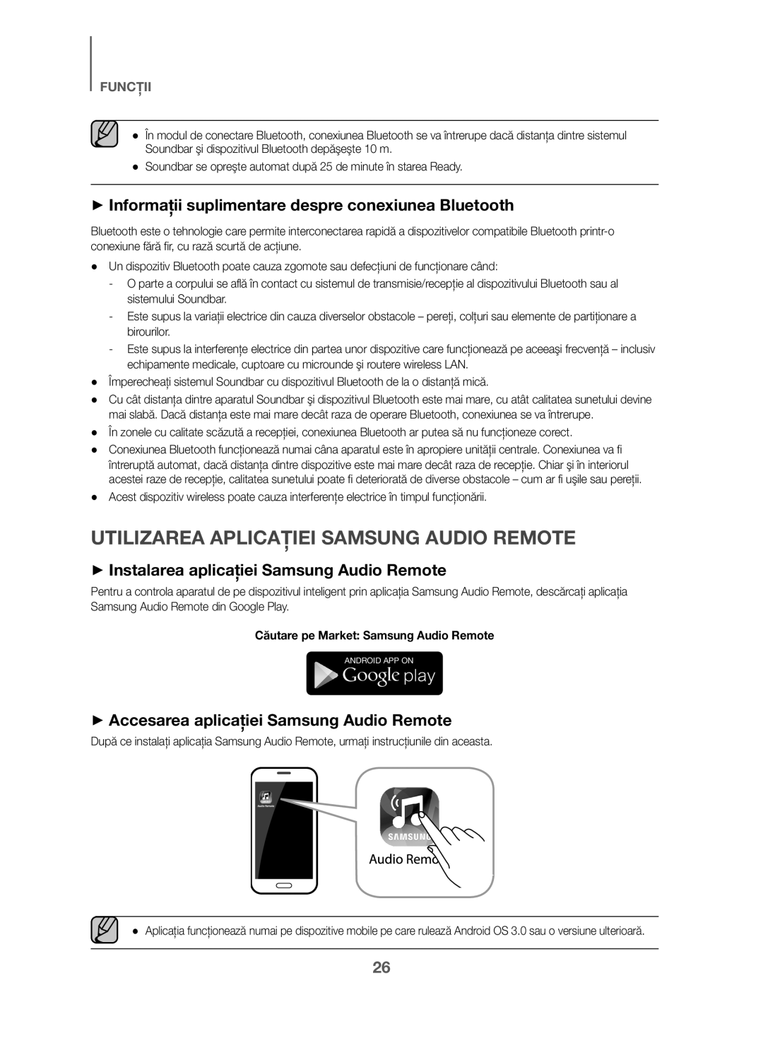 Samsung HW-J6011/XE Utilizarea Aplicaţiei Samsung Audio Remote, + Informaţii suplimentare despre conexiunea Bluetooth 