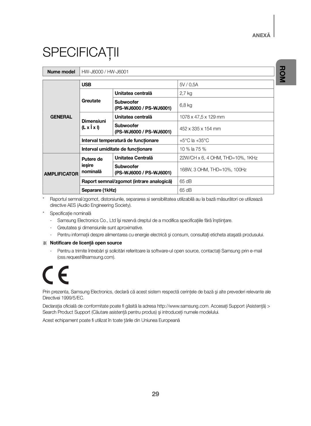 Samsung HW-J6000/EN, HW-J6001/TK manual Specificaţii, Nume model HW-J6000 / HW-J6001, Greutate Unitatea centrală Subwoofer 