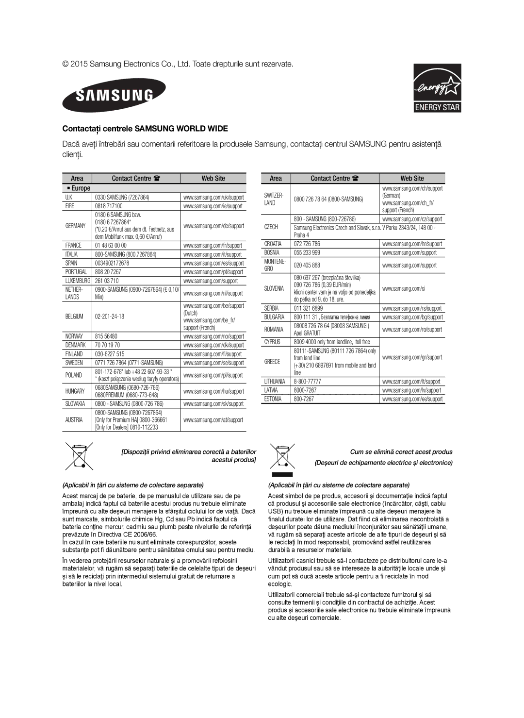 Samsung HW-J6001/EN, HW-J6001/TK, HW-J6000/EN, HW-J6001/ZF, HW-J6000/ZF, HW-J6001/XN Contactaţi centrele Samsung World Wide 