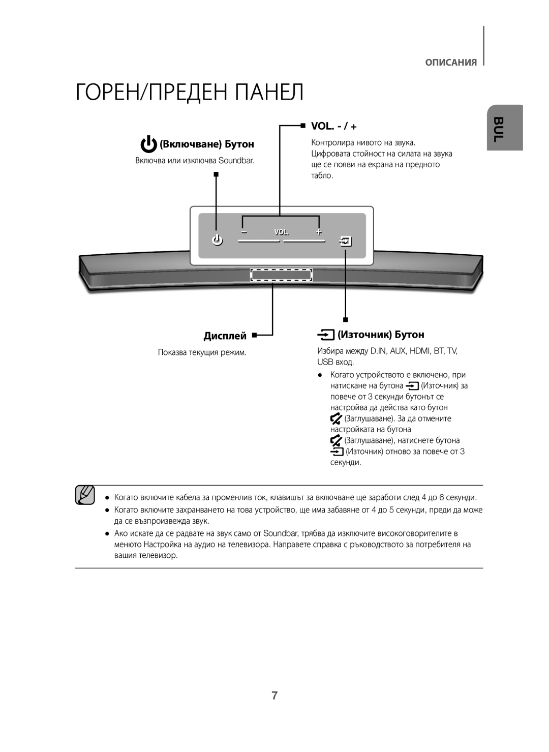 Samsung HW-J6000/EN manual ГОРЕН/ПРЕДЕН Панел, Включване Бутон VOL. / +, Дисплей Източник Бутон, Контролира нивото на звука 