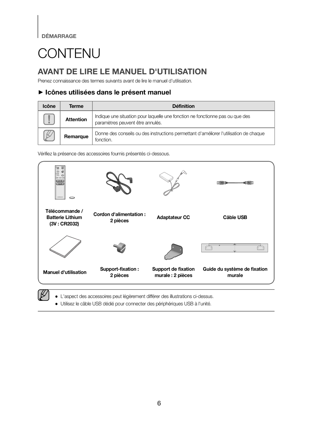 Samsung HW-J6000/ZF, HW-J6001/TK Contenu, Avant DE Lire LE Manuel Dutilisation, + Icônes utilisées dans le présent manuel 