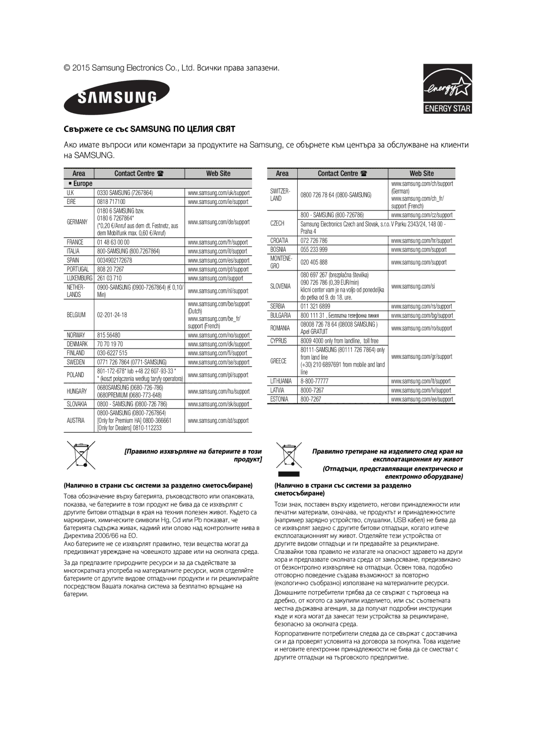 Samsung HW-J6001/TK manual Свържете се със Samsung ПО Целия Свят, Налично в страни със системи за разделно сметосъбиране 