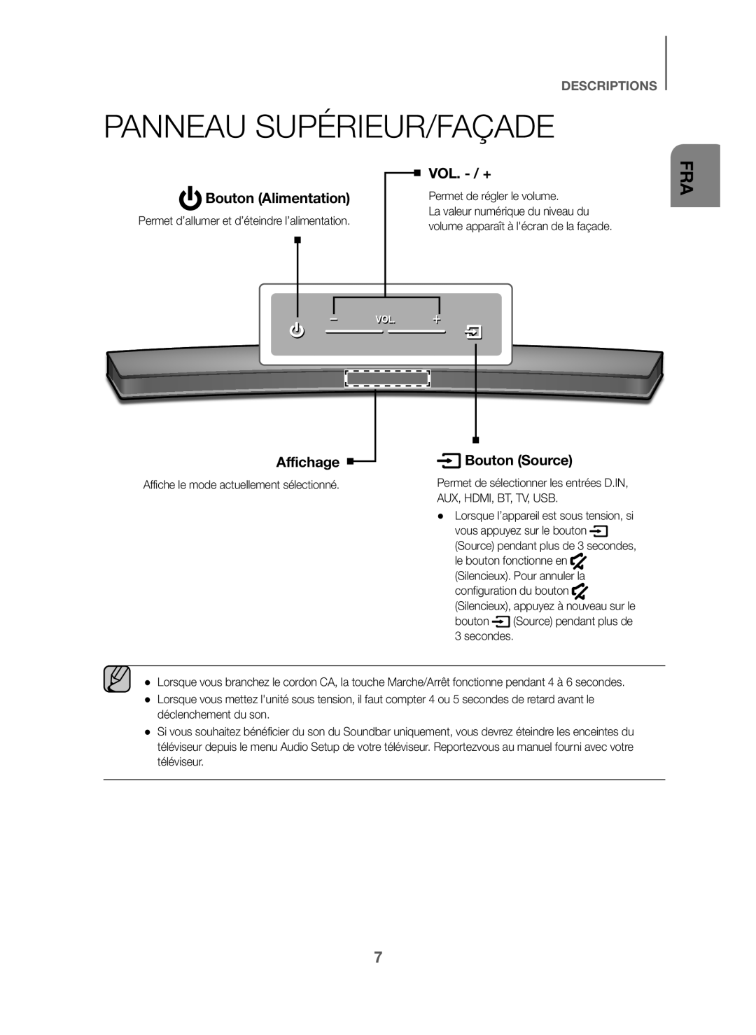 Samsung HW-J6001/XN, HW-J6001/TK manual Panneau SUPÉRIEUR/FAÇADE, Bouton Alimentation VOL. / +, Affichage Bouton Source 