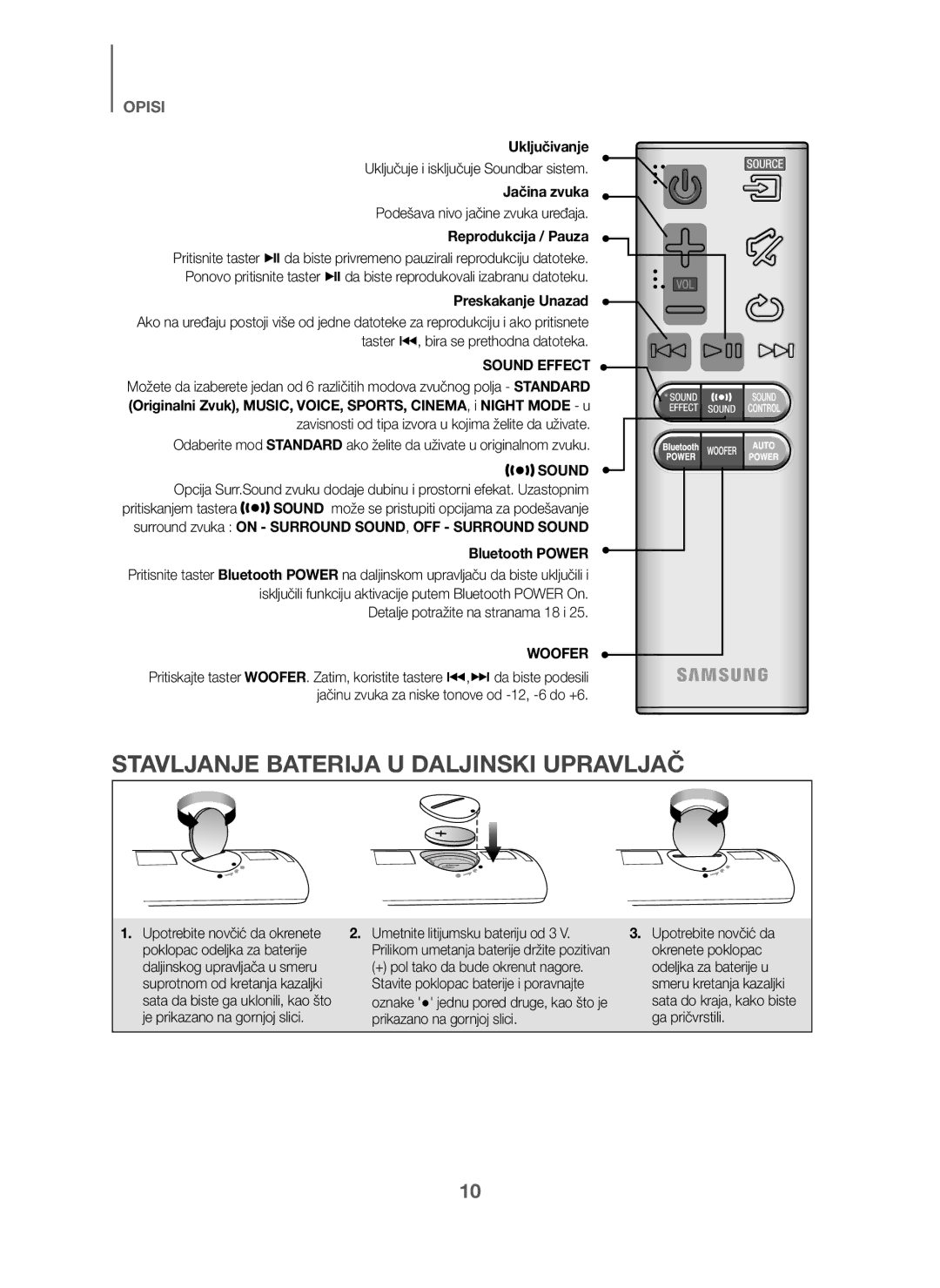 Samsung HW-J6001/EN manual Stavljanje Baterija U Daljinski Upravljač, Uključivanje, Jačina zvuka, Reprodukcija / Pauza 