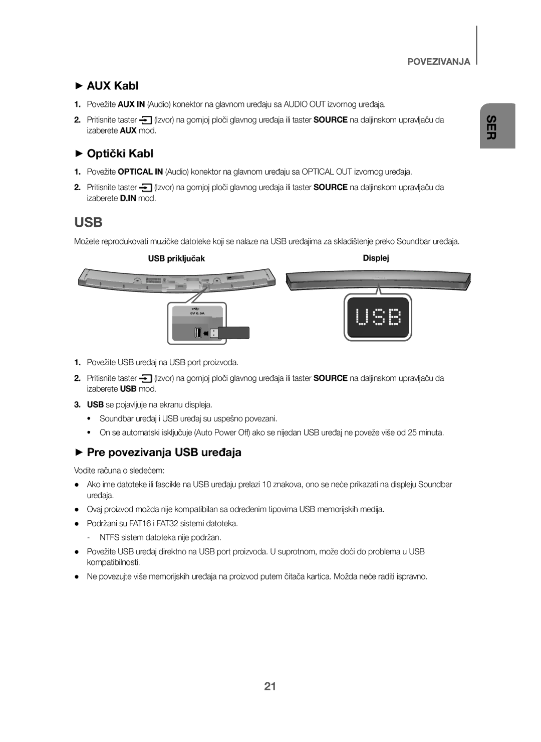 Samsung HW-J6001/XN, HW-J6001/TK, HW-J6000/EN + AUX Kabl, + Optički Kabl, + Pre povezivanja USB uređaja, USB priključak 