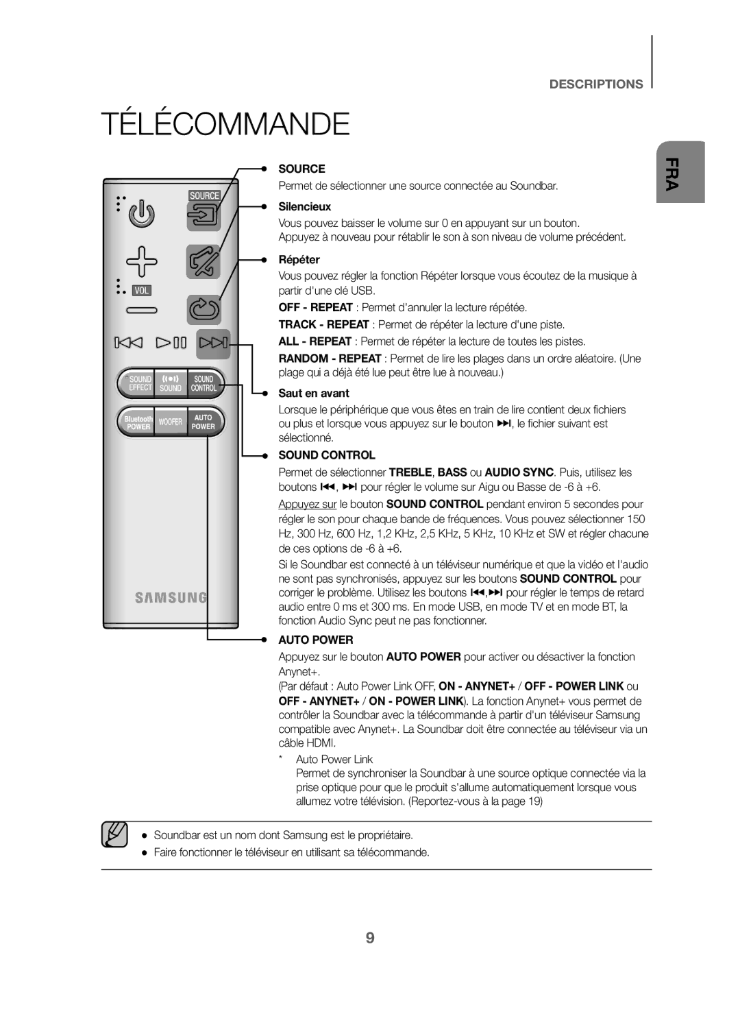 Samsung HW-J6010/XE manual Télécommande, Permet de sélectionner une source connectée au Soundbar, Silencieux, Répéter 