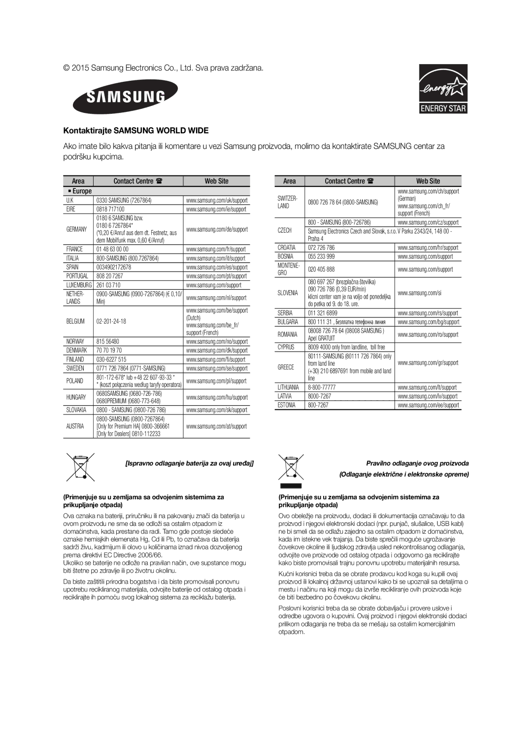 Samsung HW-J6011/XE, HW-J6001/TK, HW-J6000/EN, HW-J6001/EN, HW-J6001/ZF, HW-J6000/ZF manual Kontaktirajte Samsung World Wide 