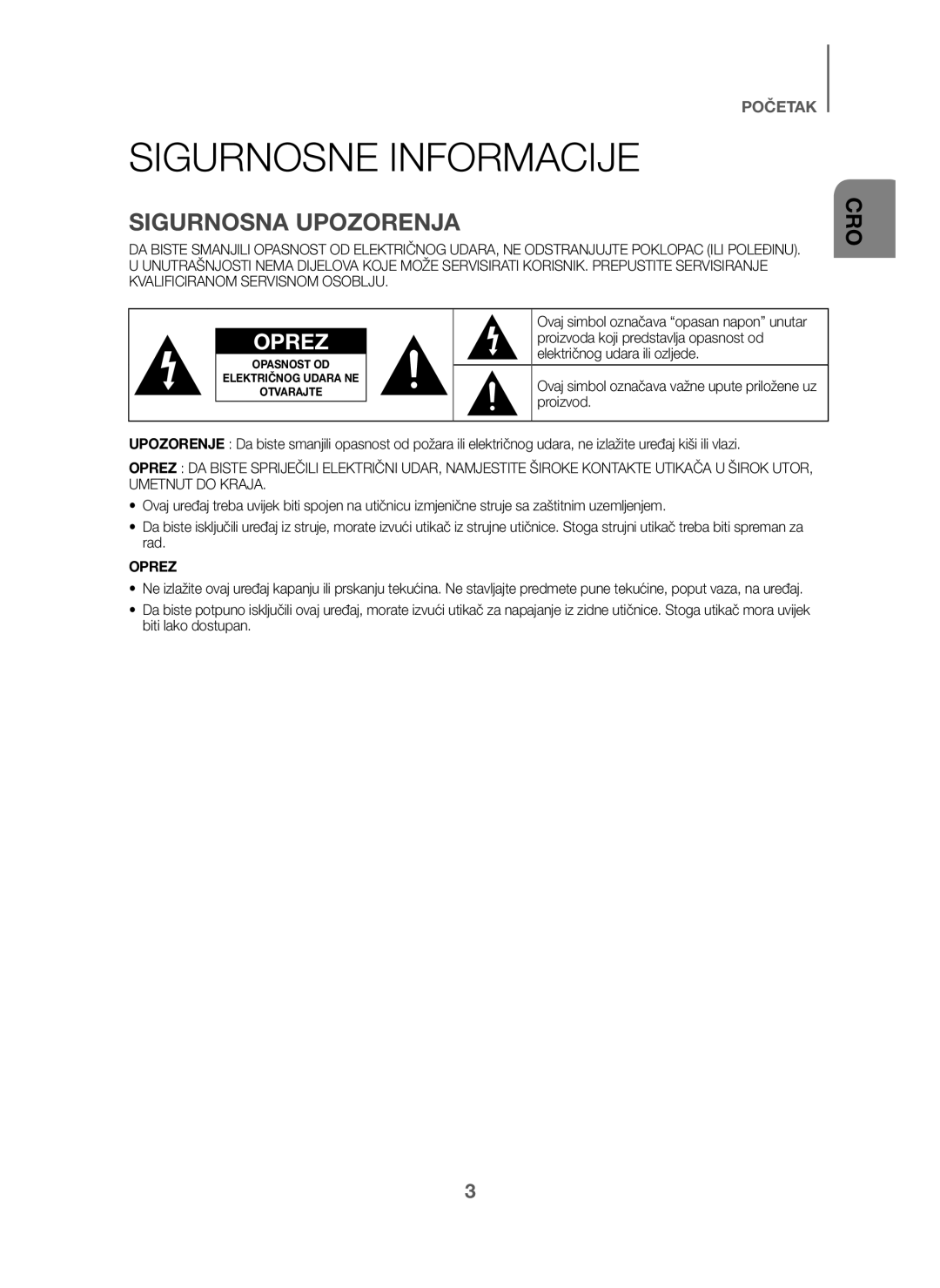 Samsung HW-J6000/EN, HW-J6001/TK, HW-J6001/EN manual Proizvoda koji predstavlja opasnost od, Električnog udara ili ozljede 