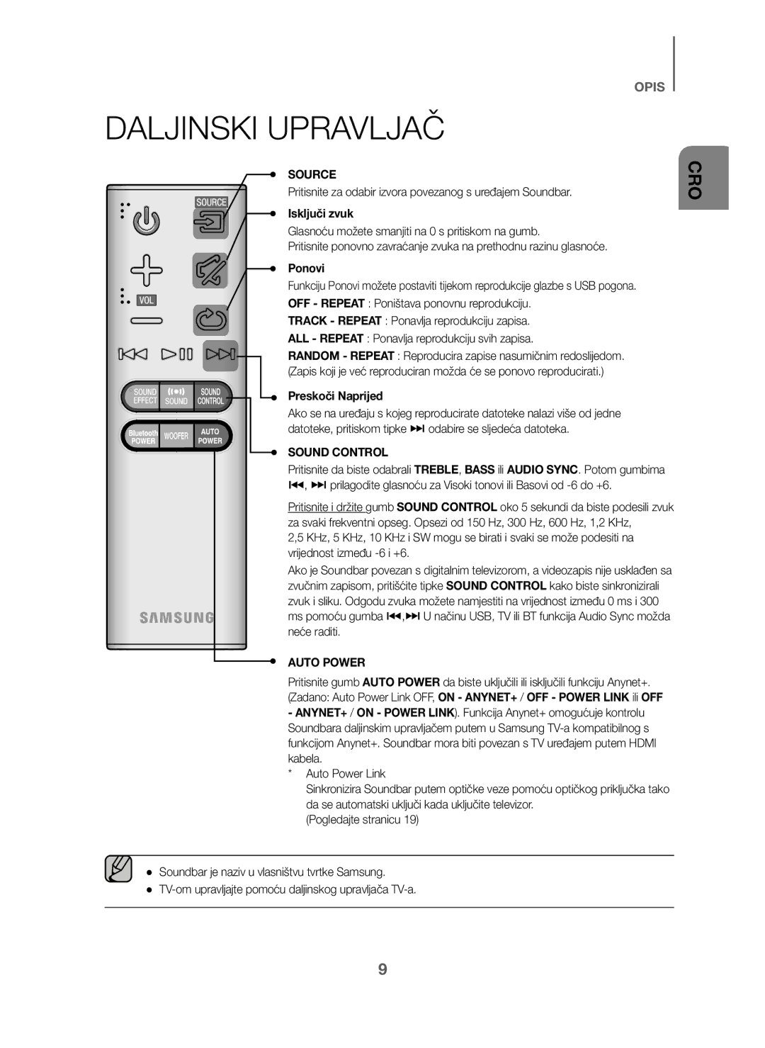 Samsung HW-J6010/XE manual Pritisnite za odabir izvora povezanog s uređajem Soundbar, Isključi zvuk, Preskoči Naprijed 