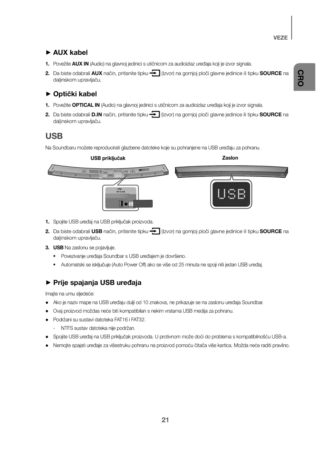 Samsung HW-J6001/ZF, HW-J6001/TK, HW-J6000/EN, HW-J6001/EN manual + AUX kabel, + Optički kabel, + Prije spajanja USB uređaja 