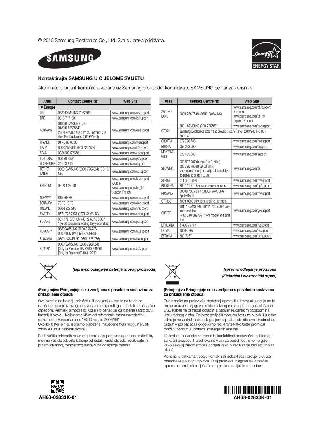 Samsung HW-J6000/ZF, HW-J6001/TK, HW-J6000/EN, HW-J6001/EN manual Kontaktirajte Samsung U Cijelome Svijetu, AH68-02833K-01 