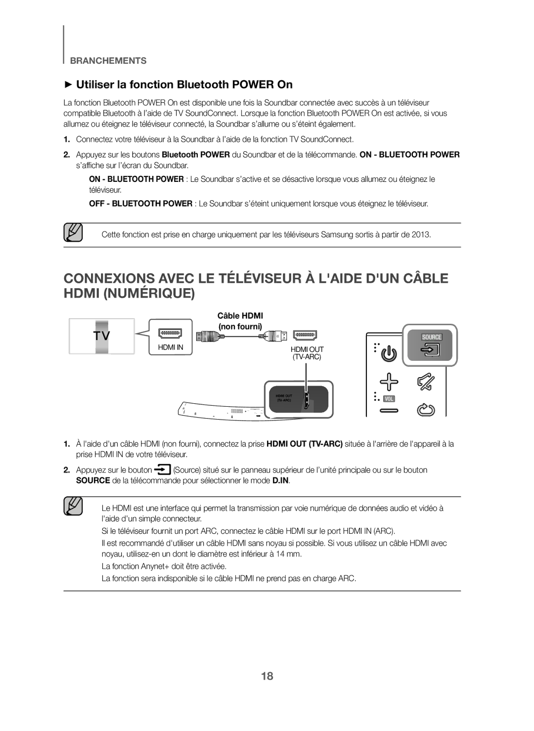 Samsung HW-J6001/TK, HW-J6000/EN, HW-J6001/EN, HW-J6001/ZF + Utiliser la fonction Bluetooth Power On, Câble Hdmi, Non fourni 