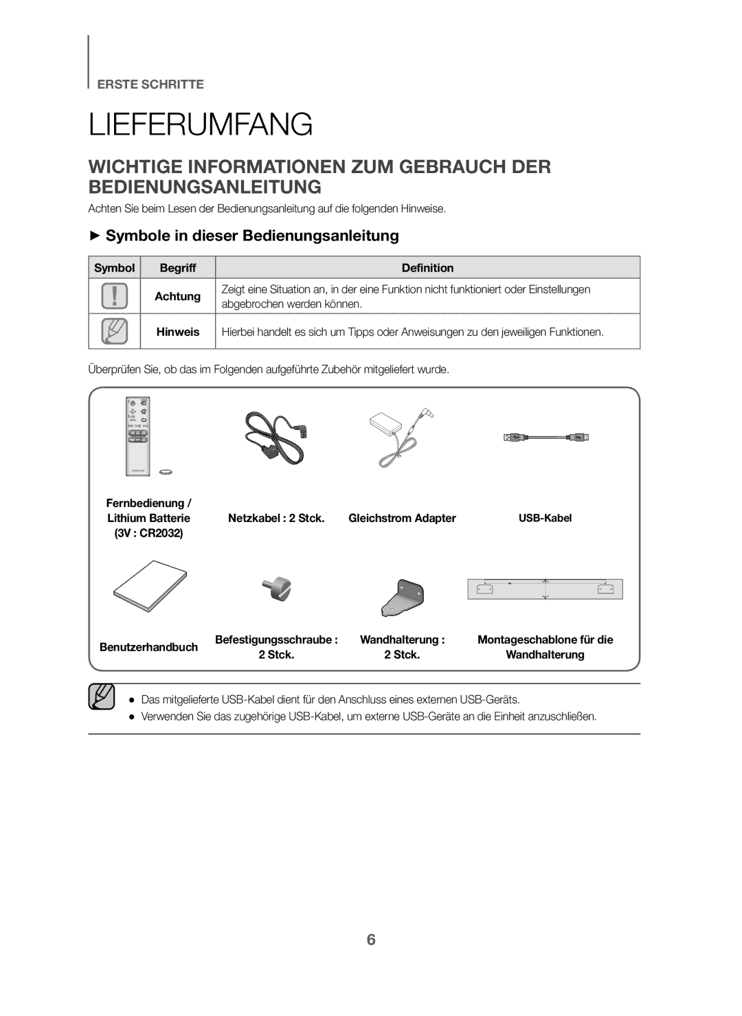 Samsung HW-J6001/EN, HW-J6001/TK, HW-J6000/EN Lieferumfang, Wichtige Informationen ZUM Gebrauch DER Bedienungsanleitung 