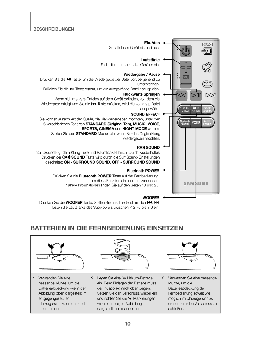 Samsung HW-J6011/XE manual Batterien in DIE Fernbedienung Einsetzen, Ein-/Aus, Schaltet das Gerät ein und aus, Lautstärke 