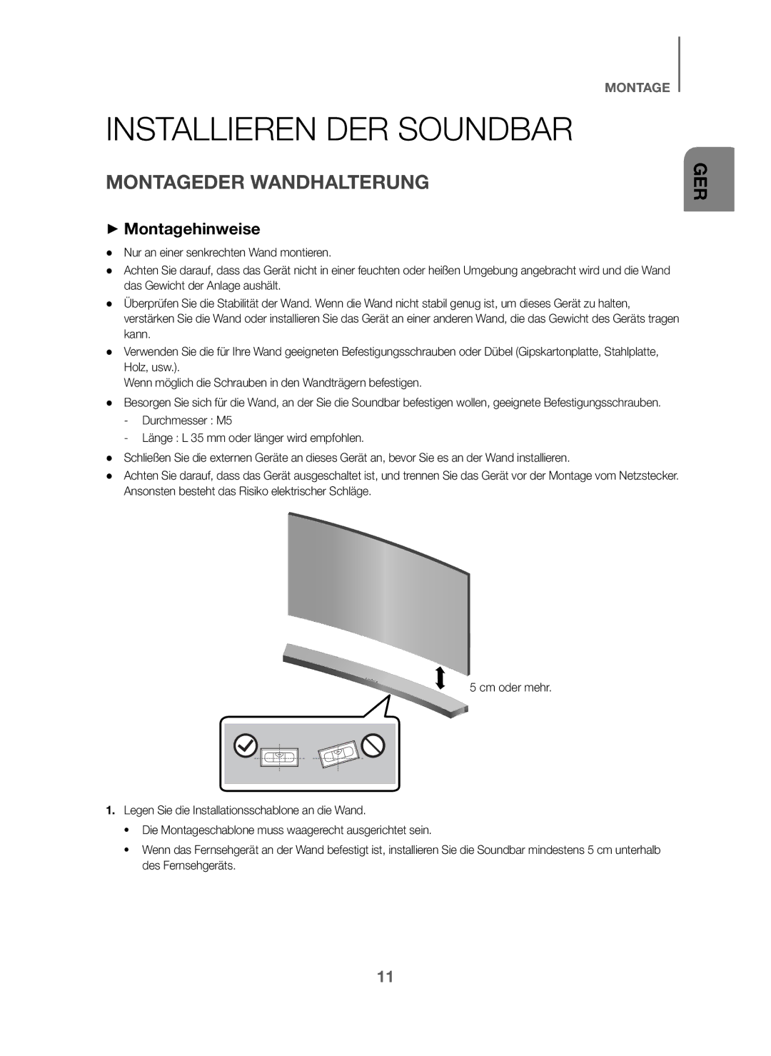 Samsung HW-J6010/XE, HW-J6001/TK, HW-J6000/EN manual Installieren DER Soundbar, Montageder Wandhalterung, + Montagehinweise 