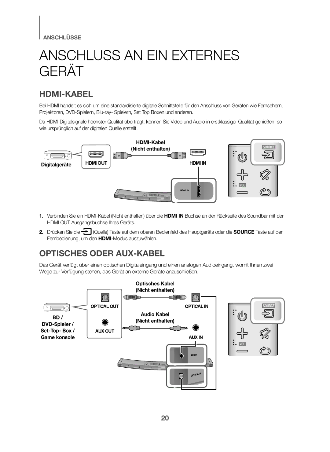 Samsung HW-J6001/TK, HW-J6000/EN manual Anschluss AN EIN Externes Gerät, Hdmi-Kabel, Optisches Oder AUX-KABEL, Digitalgeräte 