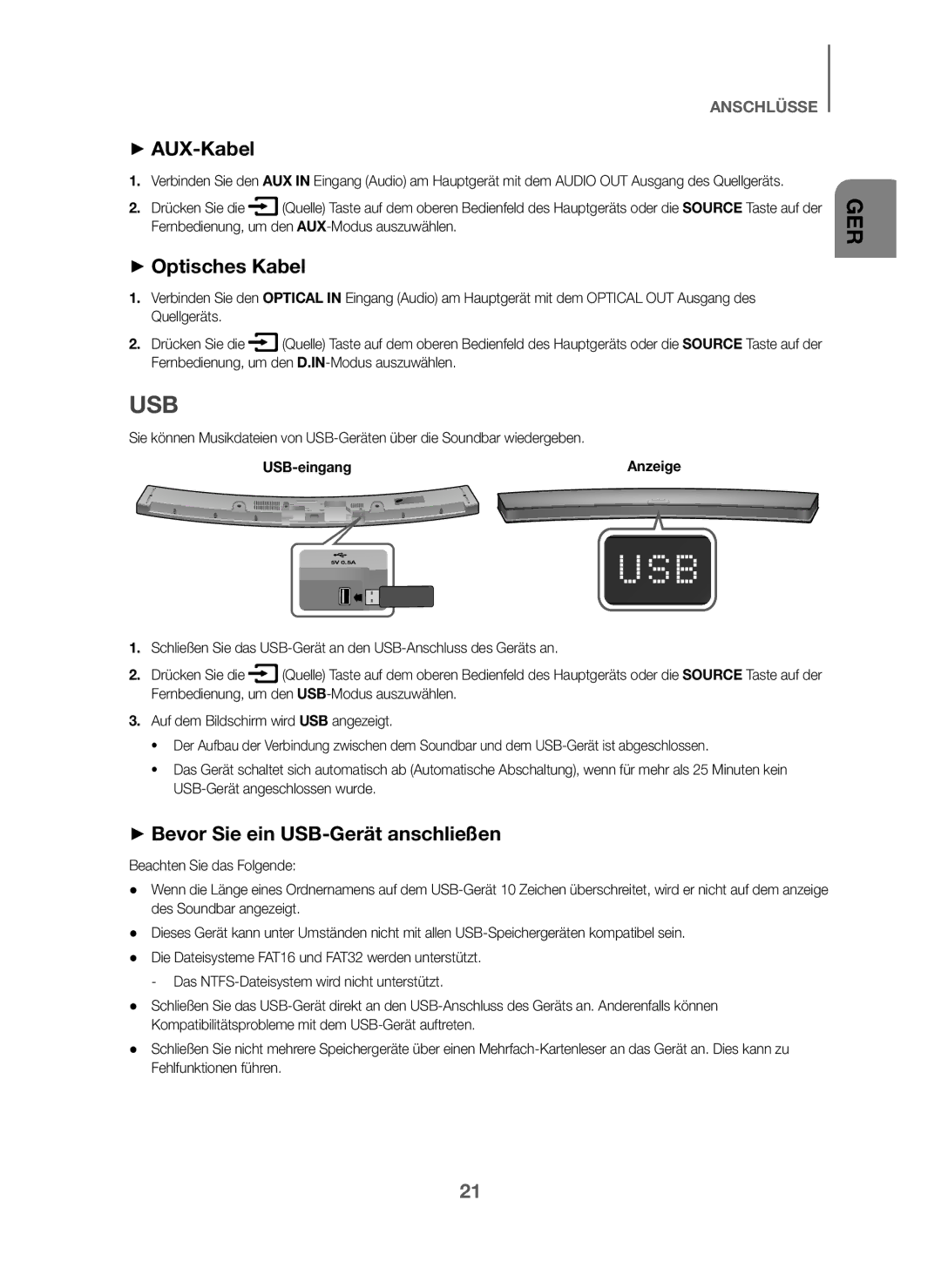 Samsung HW-J6000/EN, HW-J6001/TK manual + AUX-Kabel, + Optisches Kabel, + Bevor Sie ein USB-Gerät anschließen, USB-eingang 