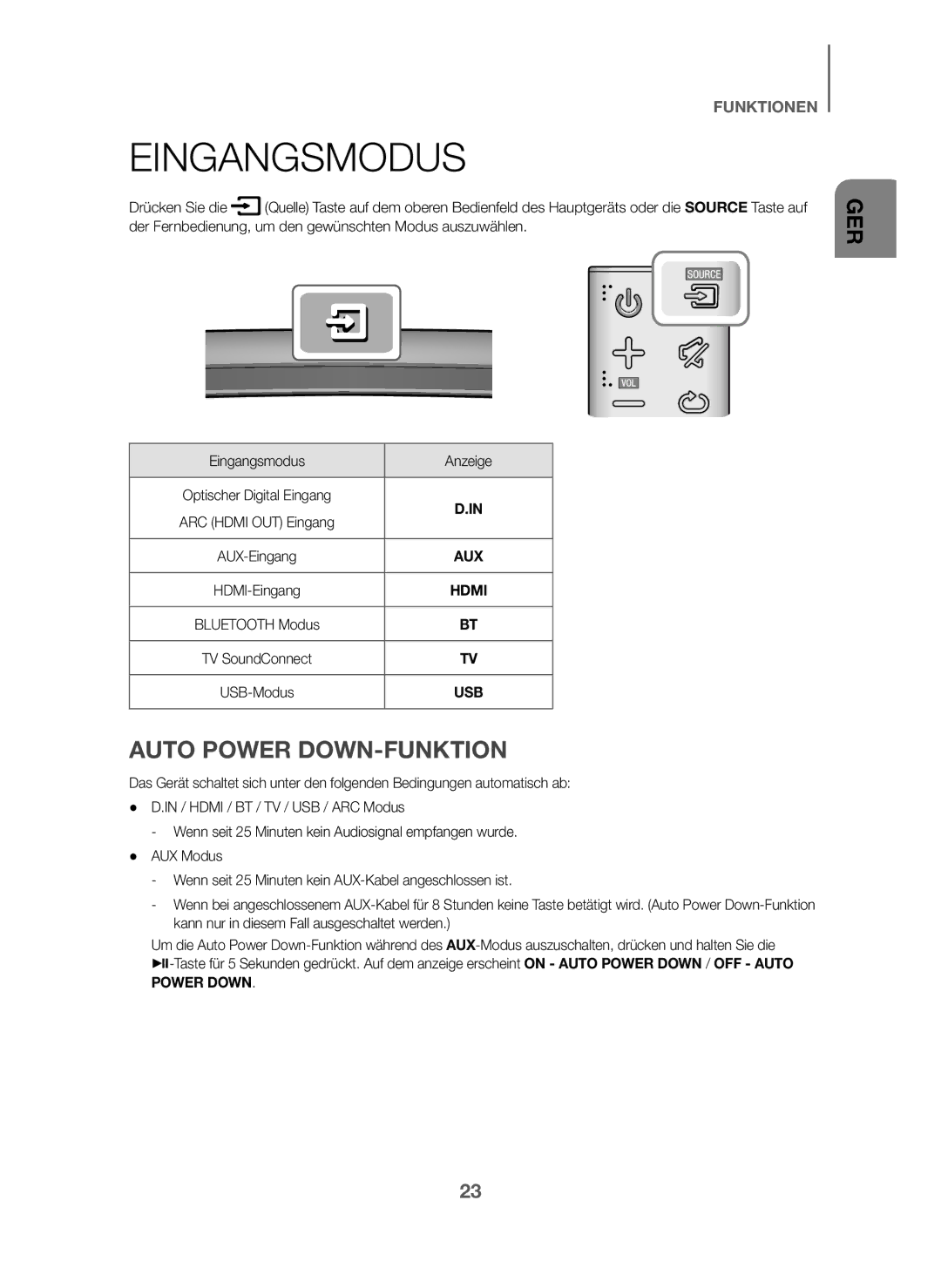 Samsung HW-J6001/ZF, HW-J6001/TK, HW-J6000/EN, HW-J6001/EN, HW-J6000/ZF, HW-J6001/XN Eingangsmodus, Auto Power DOWN-FUNKTION 