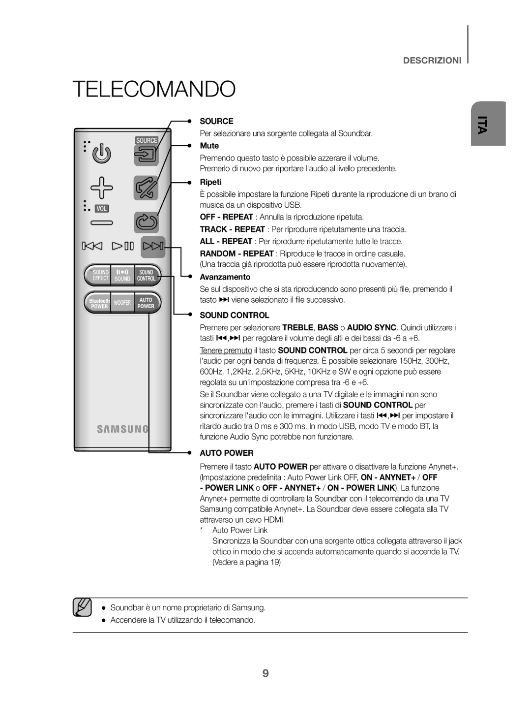 Samsung HW-J6001/ZF, HW-J6001/TK manual Telecomando, Per selezionare una sorgente collegata al Soundbar, Ripeti, Avanzamento 