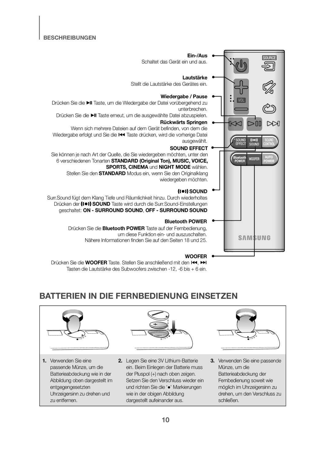 Samsung HW-J6000/ZF, HW-J6001/TK, HW-J6000/EN, HW-J6001/EN Batterien in DIE Fernbedienung Einsetzen, Ein-/Aus, Lautstärke 