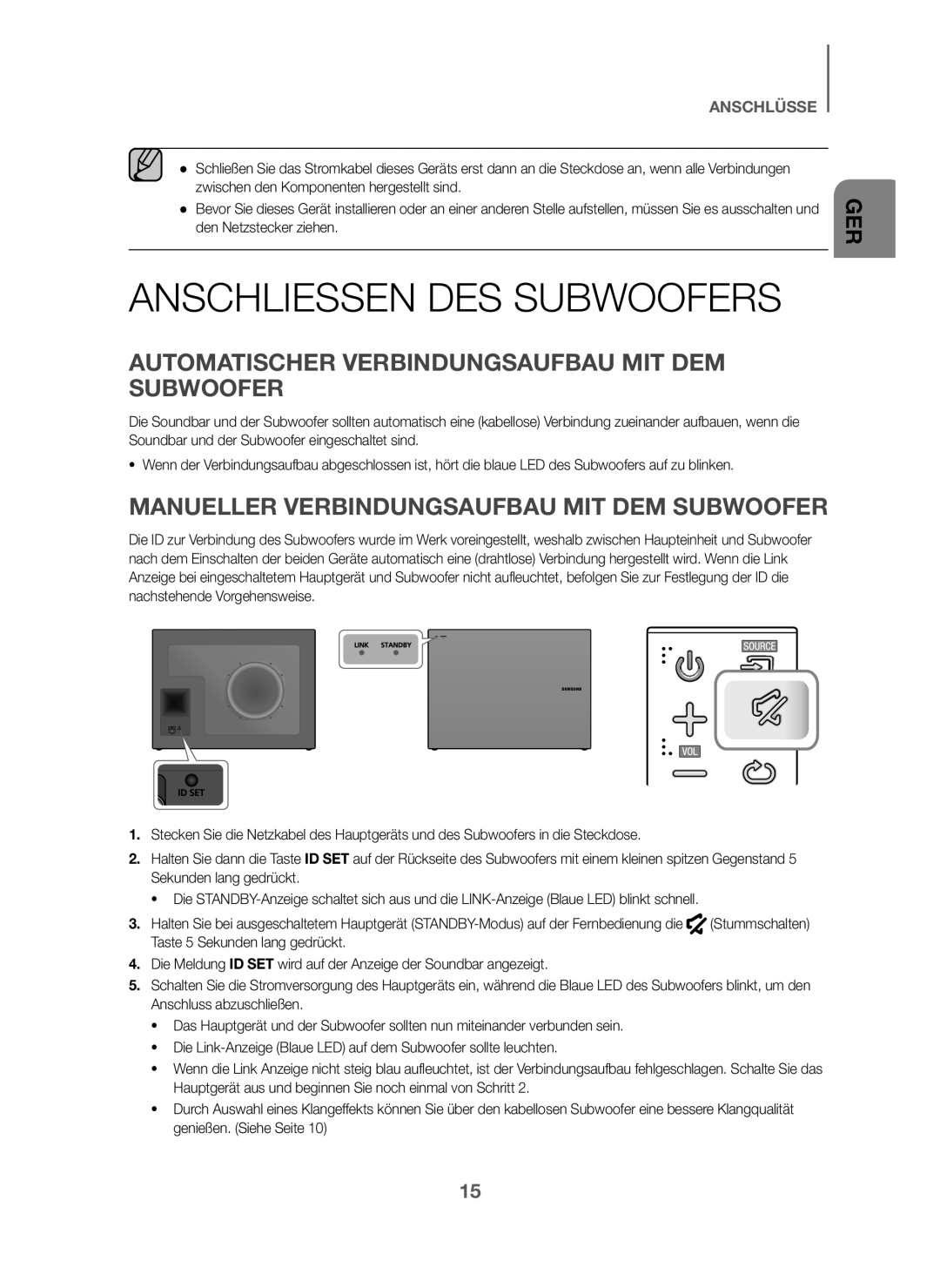 Samsung HW-J6000/EN, HW-J6001/TK manual Anschliessen DES Subwoofers, Automatischer Verbindungsaufbau MIT DEM Subwoofer 