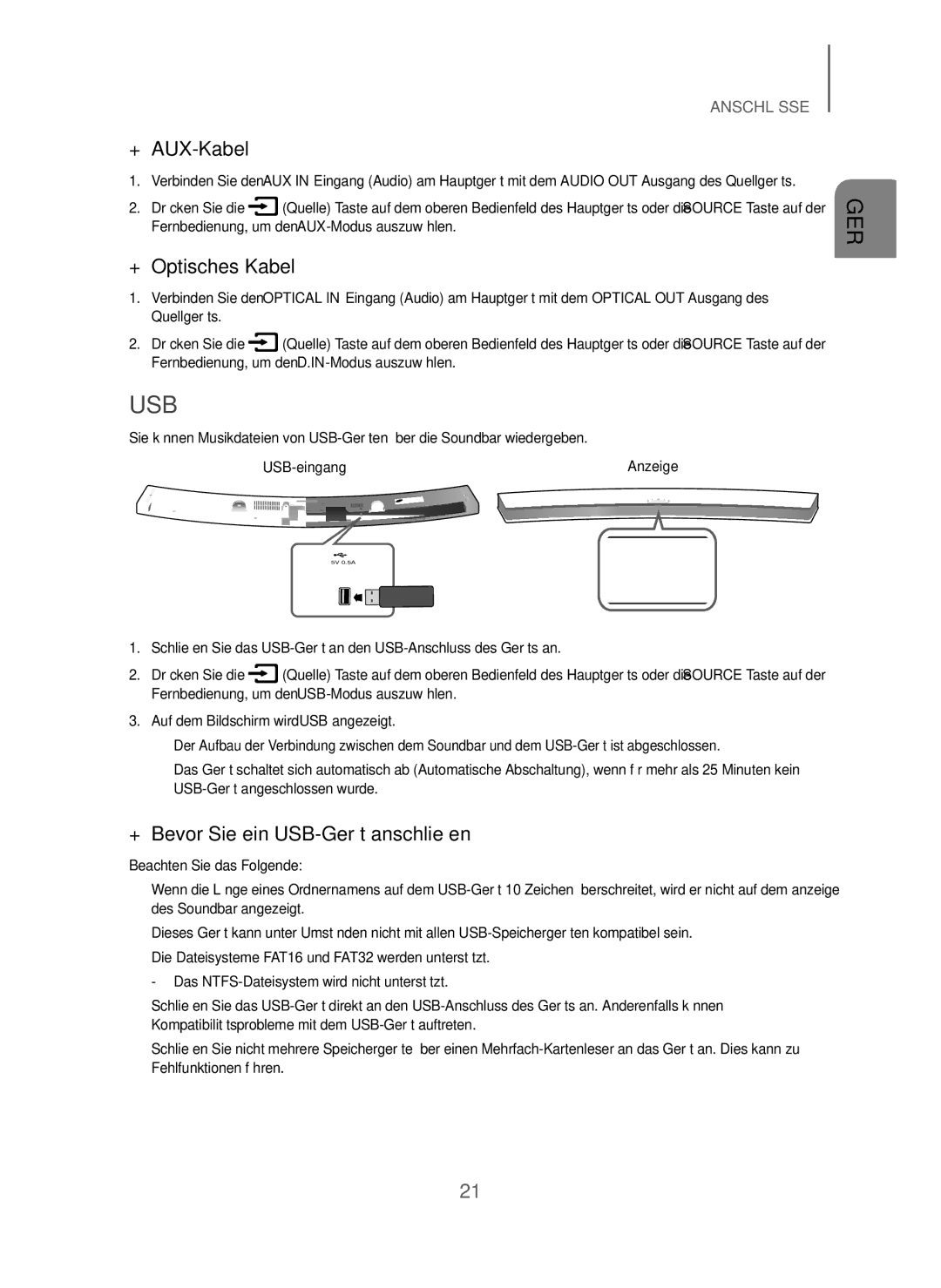 Samsung HW-J6010/XE, HW-J6001/TK manual + AUX-Kabel, + Optisches Kabel, + Bevor Sie ein USB-Gerät anschließen, USB-eingang 