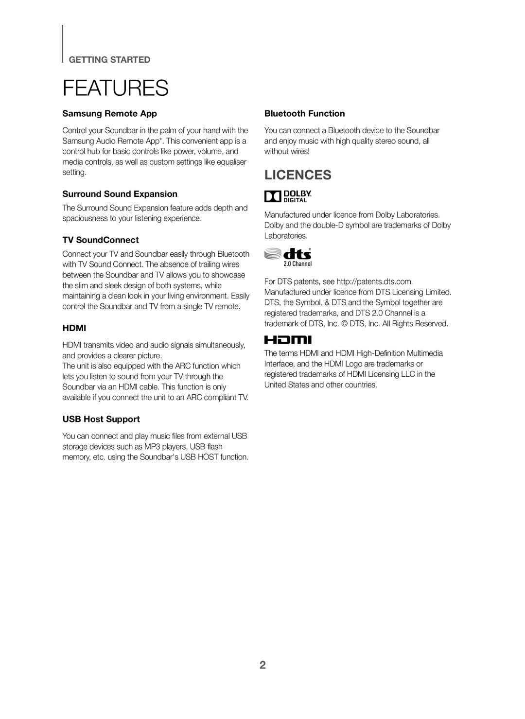 Samsung HW-J6001/EN, HW-J6001/TK, HW-J6000/EN, HW-J6001/ZF, HW-J6000/ZF, HW-J6001/XN, HW-J6011/XE manual Features, Licences 