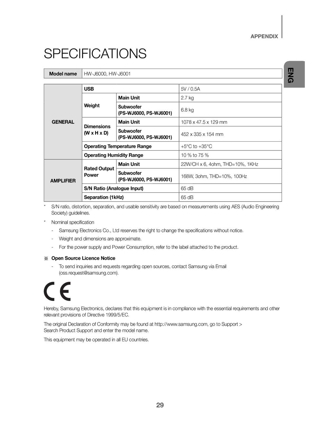 Samsung HW-J6001/XN, HW-J6001/TK, HW-J6000/EN, HW-J6001/EN, HW-J6001/ZF, HW-J6000/ZF, HW-J6011/XE, HW-J6010/XE Specifications 