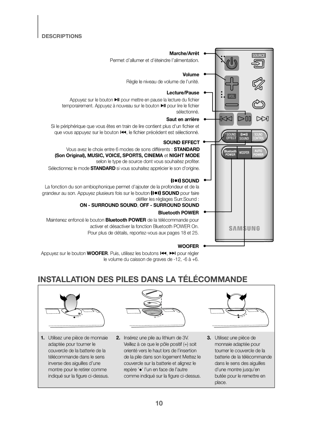 Samsung HW-J6001/TK, HW-J6000/EN Installation DES Piles Dans LA Télécommande, Marche/Arrêt, Lecture/Pause, Saut en arrière 