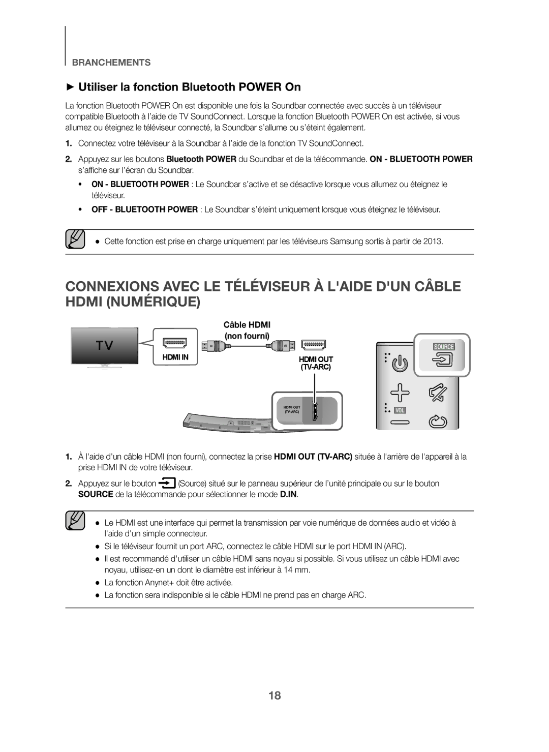 Samsung HW-J6001/TK, HW-J6000/EN, HW-J6001/EN, HW-J6001/ZF + Utiliser la fonction Bluetooth Power On, Câble Hdmi, Non fourni 