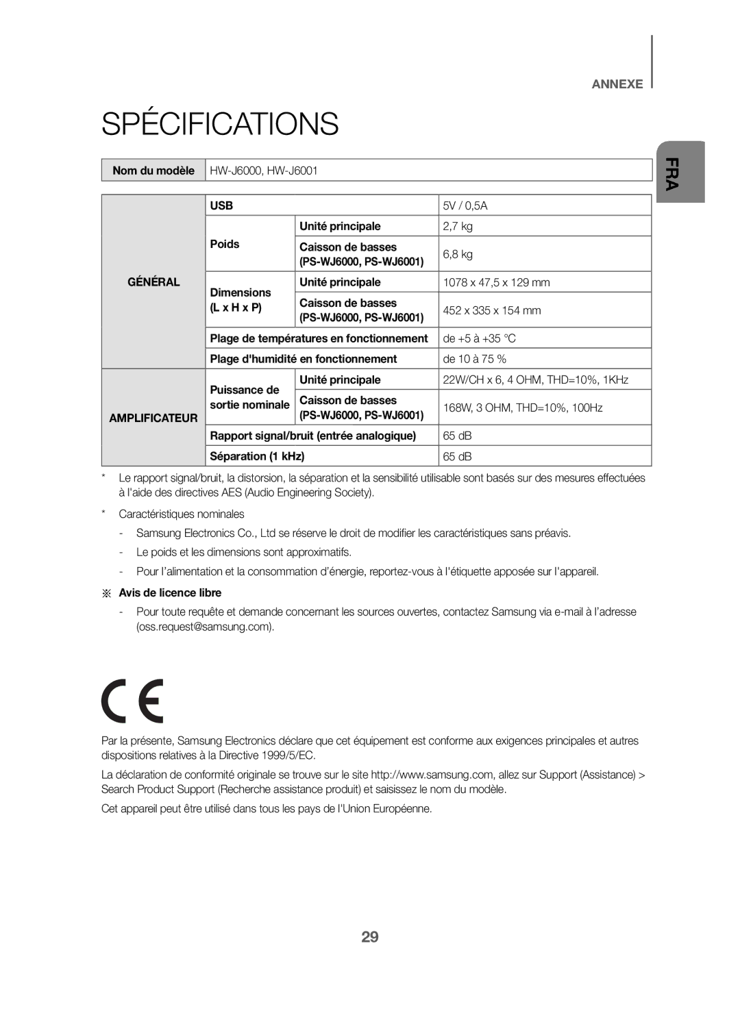 Samsung HW-J6001/ZF, HW-J6001/TK, HW-J6000/EN, HW-J6001/EN, HW-J6000/ZF, HW-J6001/XN, HW-J6011/XE, HW-J6010/XE Spécifications 