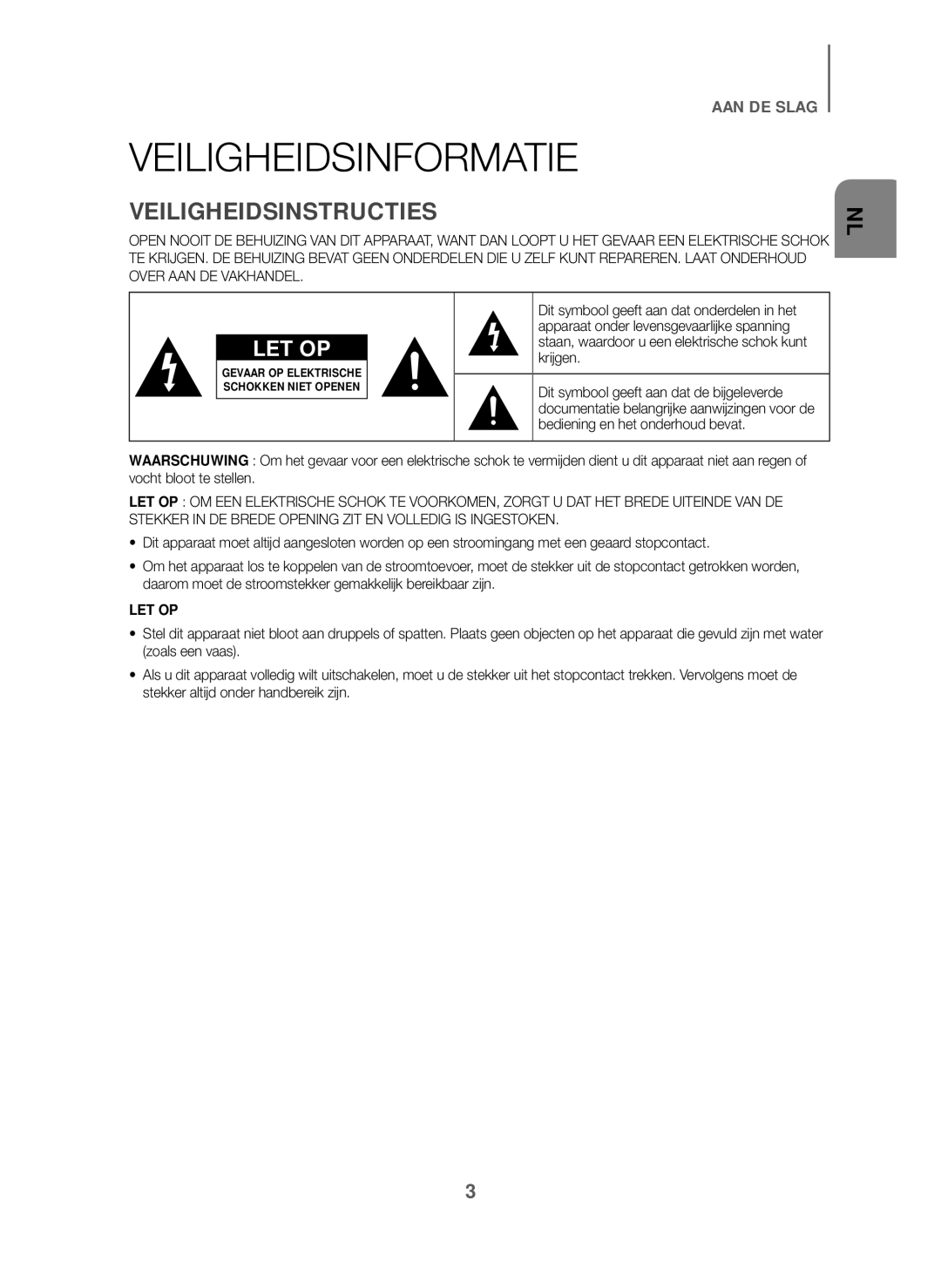 Samsung HW-J6010/XE, HW-J6001/TK, HW-J6000/EN, HW-J6001/EN, HW-J6001/ZF manual Veiligheidsinformatie, Veiligheidsinstructies 