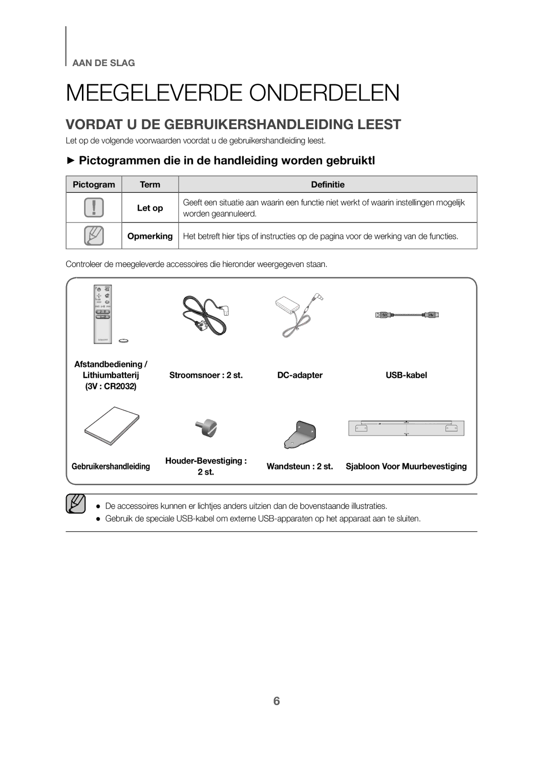 Samsung HW-J6001/EN Meegeleverde Onderdelen, Vordat U DE Gebruikershandleiding Leest, Pictogram Term Let op Definitie 