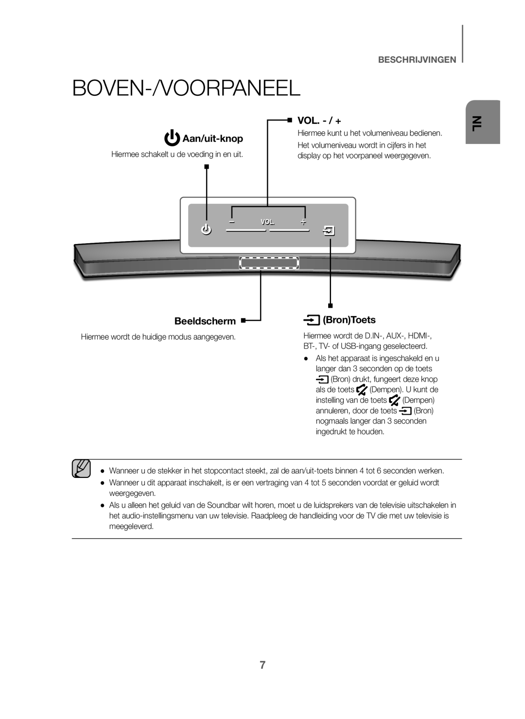 Samsung HW-J6001/ZF, HW-J6001/TK, HW-J6000/EN, HW-J6001/EN, HW-J6000/ZF, HW-J6001/XN manual Boven-/Voorpaneel, Aan/uit-knop 