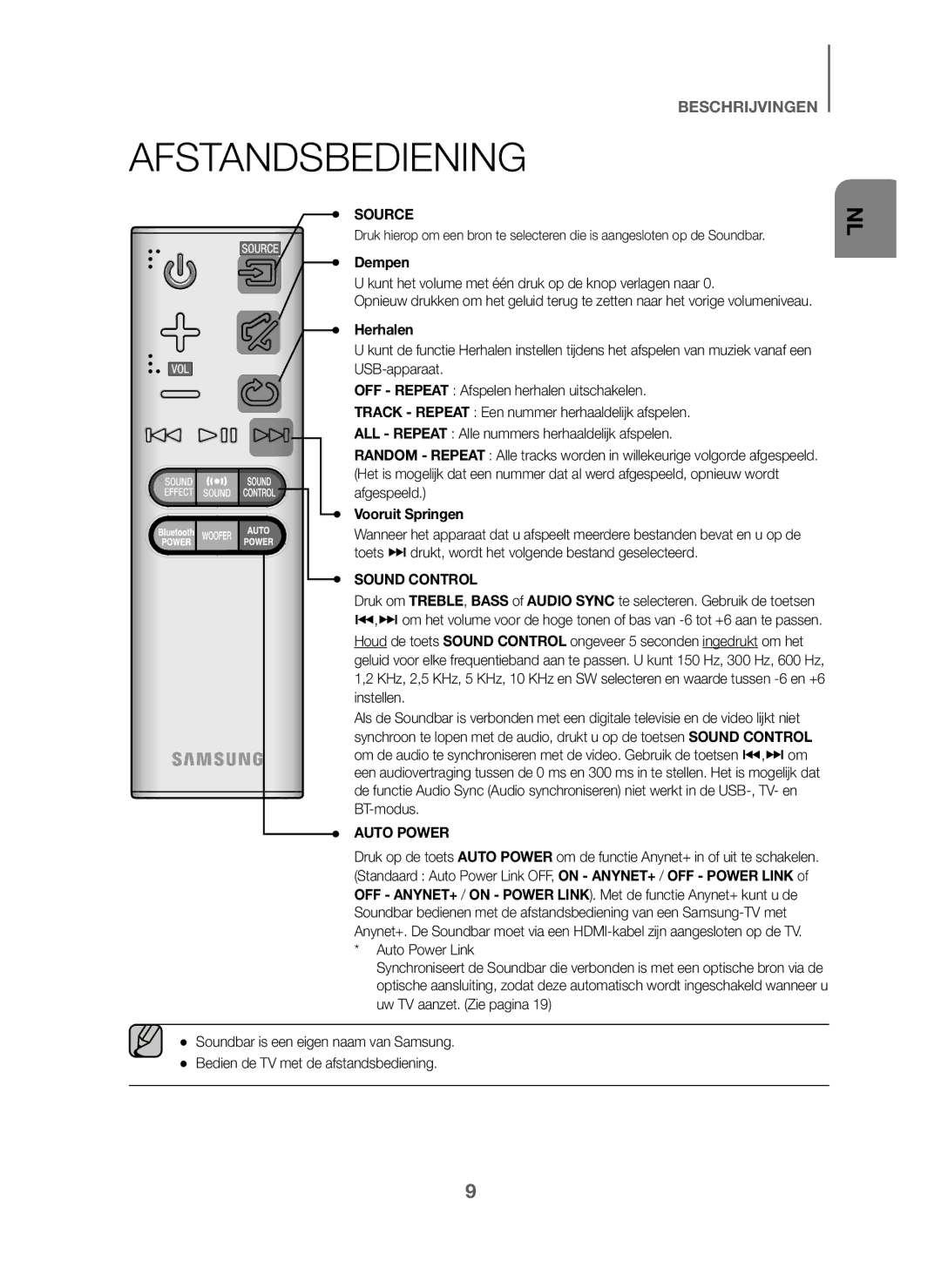 Samsung HW-J6001/XN, HW-J6001/TK, HW-J6000/EN, HW-J6001/EN, HW-J6001/ZF Afstandsbediening, Dempen, Herhalen, Vooruit Springen 