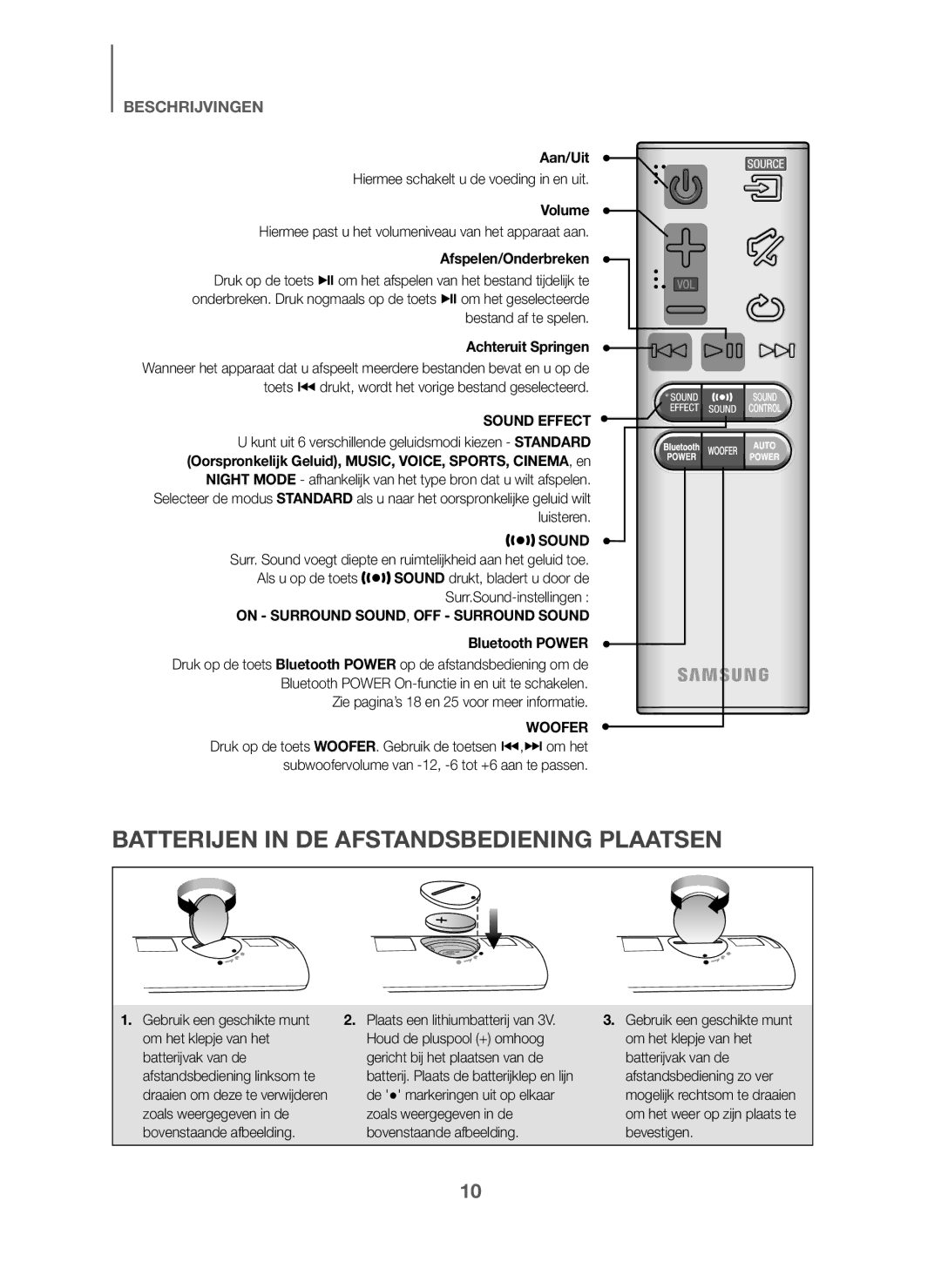 Samsung HW-J6011/XE manual Batterijen in DE Afstandsbediening Plaatsen, Aan/Uit, Afspelen/Onderbreken, Achteruit Springen 