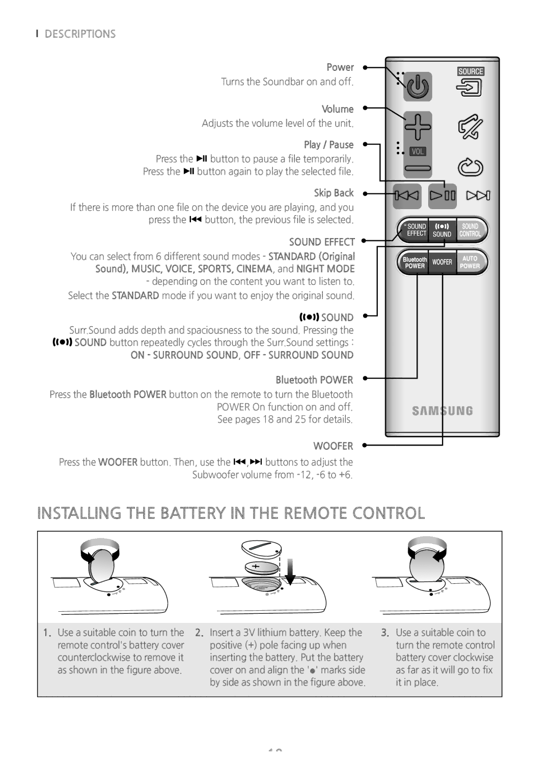 Samsung HW-J6001/EN Installing the Battery in the Remote Control, Sound Effect, On Surround SOUND, OFF Surround Sound 