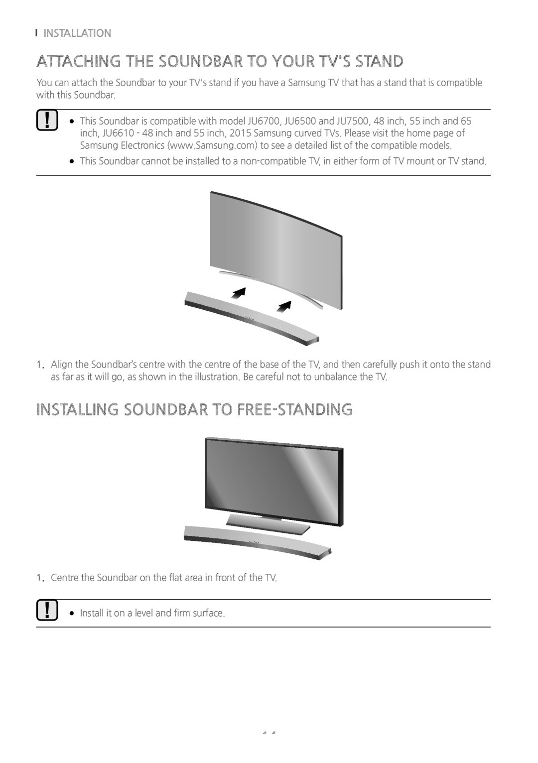 Samsung HW-J6011/XE, HW-J6001/TK manual Attaching the Soundbar to Your TVS Stand, Installing Soundbar to FREE-STANDING 