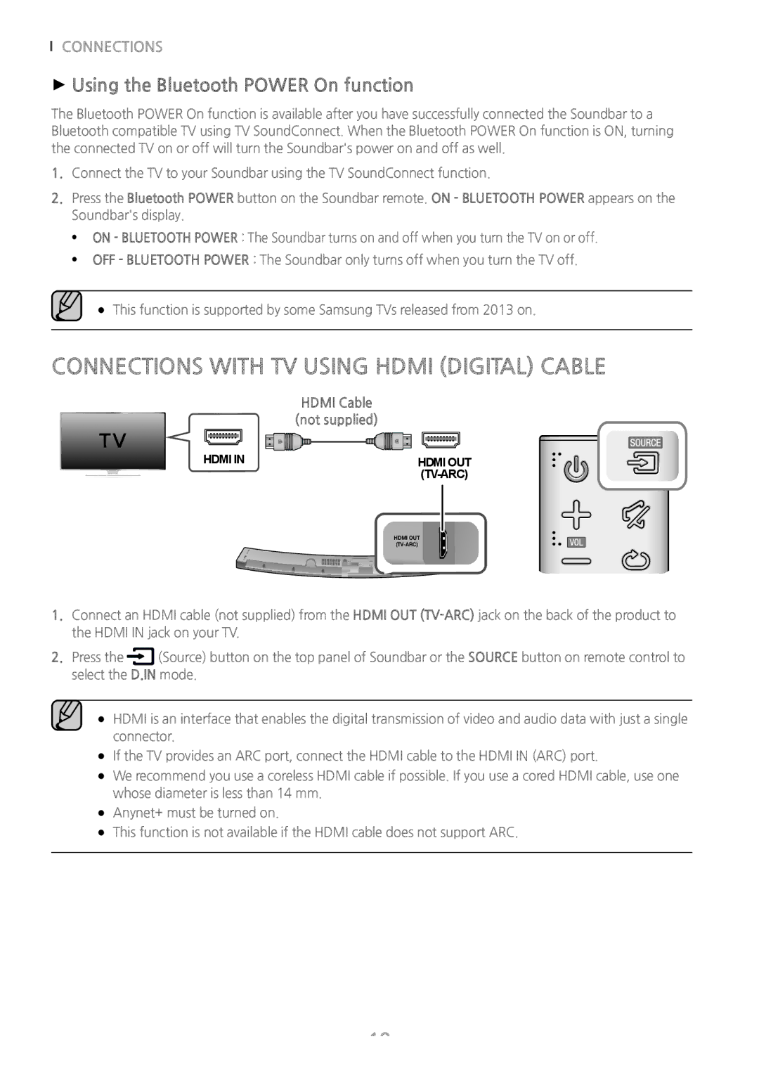 Samsung HW-J6001/EN, HW-J6001/TK Connections with TV Using Hdmi Digital Cable, ++Using the Bluetooth Power On function 