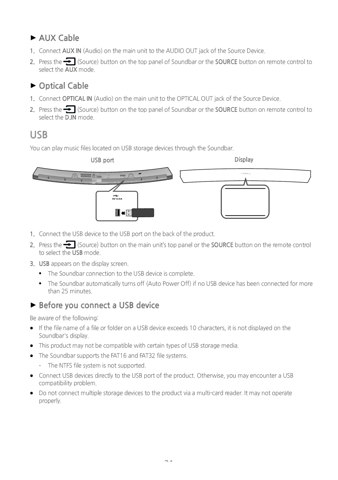 Samsung HW-J6001/XN, HW-J6001/TK manual Usb, ++AUX Cable, ++Optical Cable, ++Before you connect a USB device, USB port 